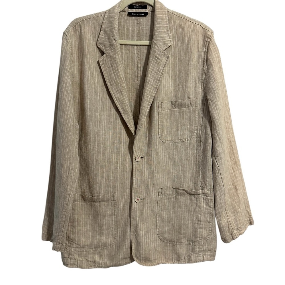 Brandini 100% Linen Tan Cream Striped Blazer 2 Button Closure Relaxed Fit Size M